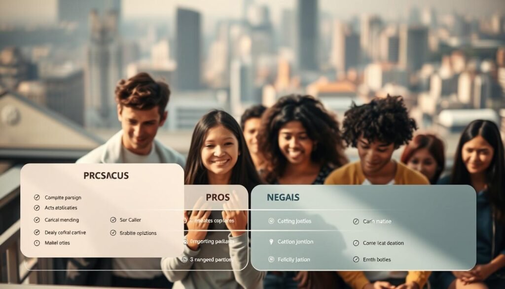 An artfully composed image depicting the pros and cons of a popular English learning platform. In the foreground, a visually striking visualization contrasting positive and negative aspects, using a clean, minimalist aesthetic. The midground features a diverse group of learners engaged with the platform, their expressions conveying a range of emotional responses. In the background, a softly blurred cityscape suggests the global reach and accessibility of the service. Warm, natural lighting casts a sense of optimism, while subtle shadows hint at the challenges faced by users. The overall composition strikes a balanced, thoughtful tone, inviting the viewer to consider the nuances of the subject matter.