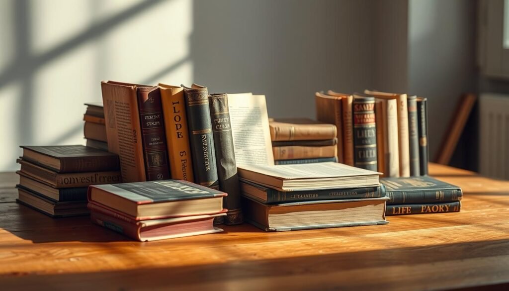 An assortment of life-changing books arranged artfully on a warm, wooden surface. The volumes have weathered spines and worn covers, suggesting their transformative power. Soft, directional lighting casts gentle shadows, evoking a contemplative, introspective mood. The books are positioned in the foreground, with a blurred background hinting at a serene, minimalist workspace or study. Compositionally, the arrangement is balanced and visually appealing, drawing the viewer's eye to the centerpiece - the powerful books that hold the keys to personal growth and fulfilment.