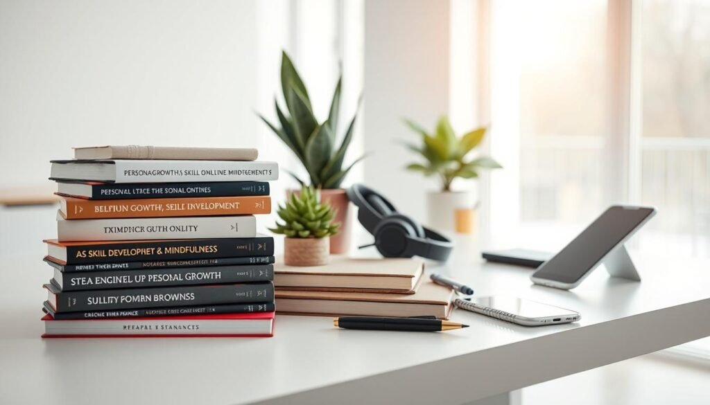 An assortment of self-improvement products meticulously arranged on a sleek, minimalist desk. In the foreground, a stack of neatly organized books on personal growth, skill development, and mindfulness. Beside them, a stylish journal, a set of high-quality pens, and a carefully placed succulent plant. In the middle ground, a pair of noise-cancelling headphones and a state-of-the-art smartphone, symbolizing the digital tools for self-improvement. The background features a clean, airy room with large windows allowing natural light to flood the scene, creating a calm, contemplative atmosphere. The overall composition conveys a sense of order, focus, and a commitment to personal betterment.