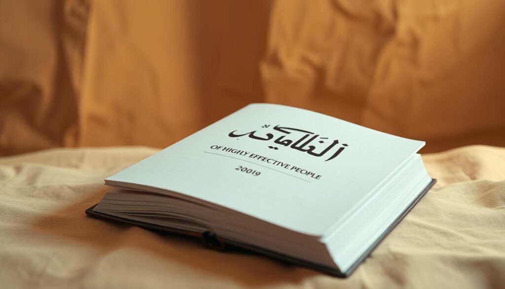 An elegant book cover with a minimalist design, featuring a serene, contemplative scene. The book's title is prominently displayed in calligraphic Arabic script, set against a soft, earthy background. The composition highlights the timelessness and wisdom of the "7 Habits of Highly Effective People" concept, conveying a sense of tranquility and introspection. Soft lighting illuminates the book, creating a warm, inviting atmosphere. The overall aesthetic is sophisticated and visually striking, reflecting the depth and importance of the subject matter.