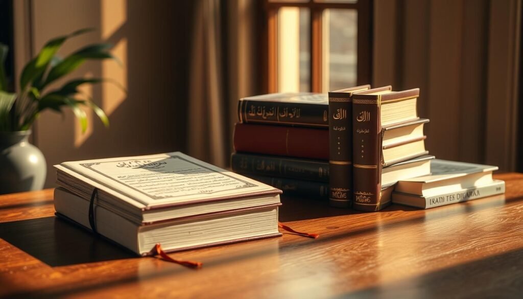 An elegantly styled still life arrangement featuring a collection of hardcover books on a wooden table, their spines emblazoned with the Arabic title "الكتب عن التفكير النقدي". The books are illuminated by warm, natural light filtering through a nearby window, casting soft shadows and highlights that accentuate their texture and depth. The tabletop is adorned with a simple, minimalist decor, allowing the focus to remain on the thoughtful selection of literature. The overall composition conveys a sense of intellectual contemplation and a reverence for the power of critical thinking.