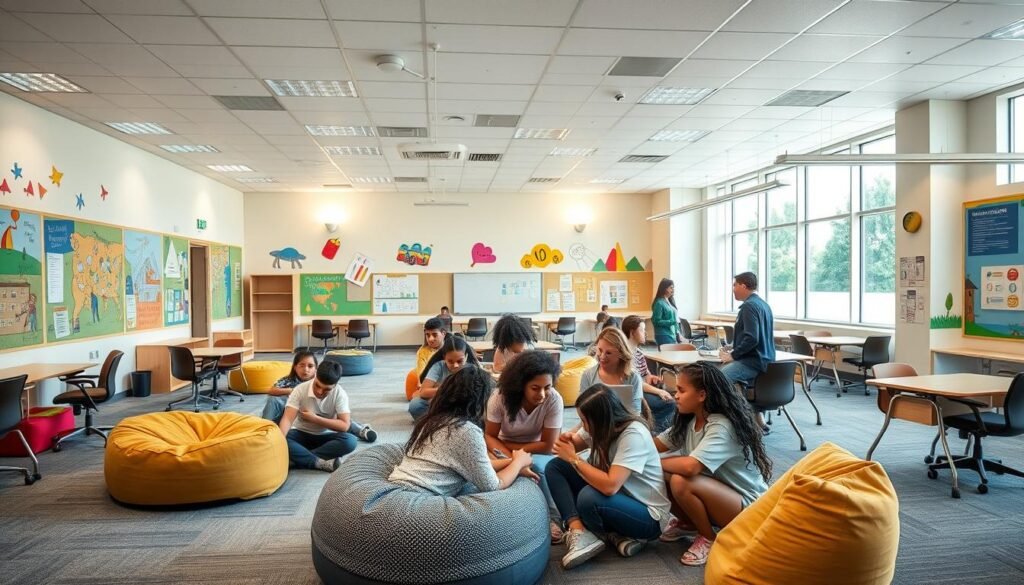 An expansive, light-filled classroom with flexible seating options, including plush beanbags, ergonomic chairs, and standing desks. The walls feature vibrant, colorful murals depicting various educational themes, creating an inspiring and innovative learning environment. Soft indirect lighting casts a warm glow, and large windows allow natural daylight to pour in, fostering a sense of openness and flexibility. In the foreground, a group of students of diverse backgrounds collaborate on a project, their faces filled with curiosity and engagement. The scene conveys the idea of adaptable, personalized learning that empowers students to choose the methods that work best for them.