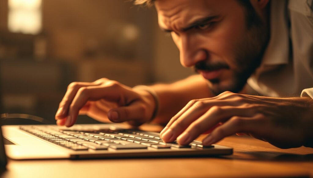 An intense close-up of a person's hands passionately typing on a keyboard, their fingers moving with focused determination. The background is blurred, emphasizing the foreground action. Warm, golden lighting illuminates the scene, creating a sense of energy and drive. The expression on the person's face is one of unwavering concentration, their brow furrowed as they pour their heart and soul into their work. The overall mood conveys a powerful fusion of passion and productivity, inspiring the viewer to channel their own inner drive and creativity.