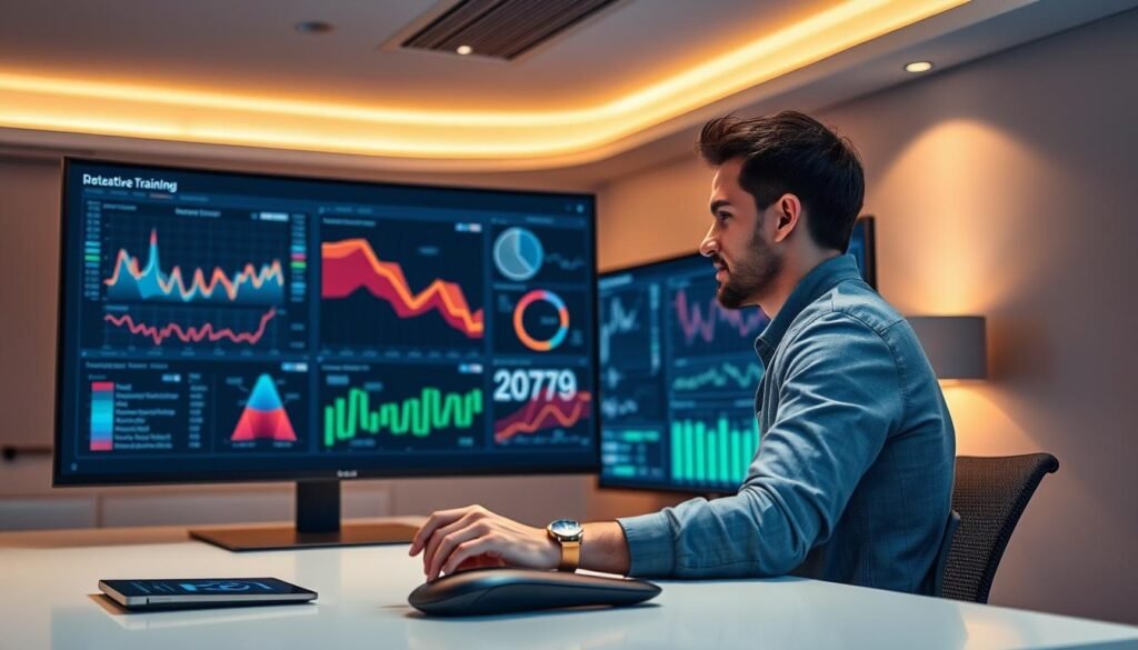 An interactive data analysis training session, with a learner engaged at a modern, well-lit desk. A large, high-resolution screen displays dynamic, colorful visualizations, inviting exploration. The learner's face is relaxed, focused, as they manipulate touch-sensitive controls, tailoring the presentation. Warm, indirect lighting creates a calm, contemplative atmosphere, complementing the tech-savvy, minimalist decor. The desk surface is clean, organized, hinting at the learner's proficiency. An ergonomic, sleek device rests nearby, ready to enhance the interactive experience. The overall scene conveys a sense of productive, immersive learning in a state-of-the-art, interactive data analytics setting.