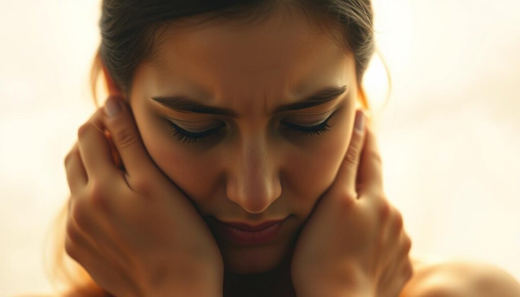 An intimate portrait of a person embracing their inner struggle. A soft, warm light illuminates their face, revealing a mix of discomfort and determination. Their eyes are downcast, but the subtle tension in their brow suggests a quiet resolve. The background fades into a hazy, dreamlike blur, placing the subject's emotional journey at the forefront. Delicate brush strokes capture the tender vulnerability of this moment of personal growth, as the individual begins to confront and accept their own imperfections.