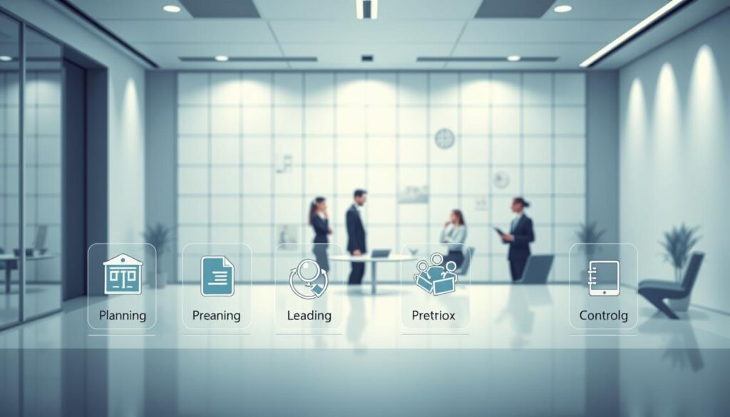 An intricate illustration depicting the core functions of management. A sleek, modern office setting with a clean, minimalist aesthetic. In the foreground, distinct icons representing the four fundamental management processes: planning, organizing, leading, and controlling, each carefully arranged to convey their interconnectedness. The middle ground showcases professional business people engaged in these management activities, their expressions focused and purposeful. The background features a subtle, abstract grid-like pattern, symbolizing the structured and systematic nature of effective management. Soft, directional lighting emanates from an unseen source, casting gentle shadows and highlighting the fluid dynamics of the scene. The overall impression is one of efficiency, coordination, and the harmonious orchestration of organizational resources.