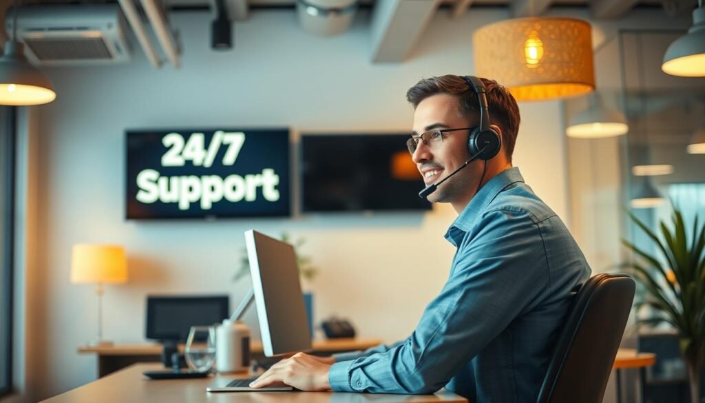 An office interior with a cozy, welcoming atmosphere. In the center, a professional customer service representative sits at a desk, headset on, focused on providing attentive and personalized assistance. The background features a wall-mounted monitor displaying a "24/7 Support" message, conveying a sense of reliable and accessible help. Soft, warm lighting illuminates the scene, creating a serene and productive environment. The camera angle is slightly elevated, capturing the scene from an authoritative yet approachable perspective, showcasing the expertise and dedication of the support team.