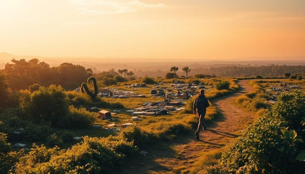 An open and vibrant landscape, where a winding path leads through lush foliage. In the foreground, a figure strides purposefully, their silhouette casting a dynamic shadow. Behind them, a mosaic of half-finished projects and experiments litter the ground, evidence of an iterative process. The sky is a blend of warm hues, casting a golden glow that highlights the sense of progress and growth. The overall composition conveys a spirit of exploration, with the figure moving forward, unencumbered by the pursuit of perfection. Soft, diffused lighting illuminates the scene, creating a sense of tranquility and possibility.