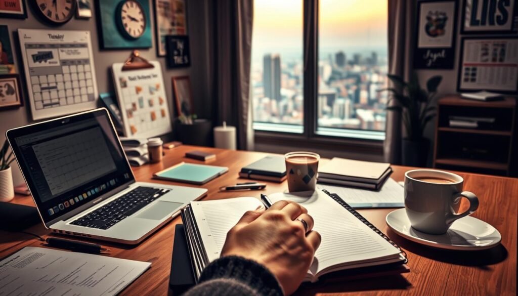 An organized workspace with a laptop, task list, and various productivity tools such as a calendar, clock, and inspirational art on the walls. The lighting is warm and ambient, creating a focused yet inviting atmosphere. In the foreground, a hand is jotting down notes in a planner, symbolizing the act of effective planning. The mid-ground features a cup of coffee, a reminder to stay energized and focused. The background showcases a large window with a cityscape, hinting at the broader context and goals the planning aims to achieve. Overall, the scene conveys a sense of intentionality, productivity, and a balanced approach to tackling important tasks.