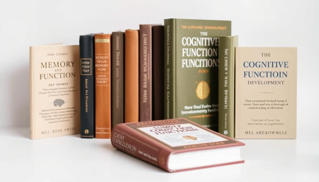 Detailed book covers showcasing cognitive function development, arranged in a neat, minimalist layout. Hardcover tomes in muted tones of beige, brown, and olive green, with minimal embellishments. Evocative titles and subtitles conveying the essence of memory enhancement and cognitive enhancement. Soft, diffused lighting creates a contemplative, scholarly atmosphere. Shot from a slightly elevated angle to emphasize the thoughtful, professional nature of the subject matter. Clean, uncluttered background allows the books to be the central focus, drawing the viewer's attention to the content within.