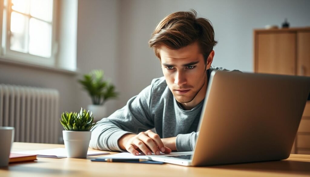 Detailed focus in a serene, minimalist workspace. A person sits deeply engrossed in their work, surrounded by a clean, uncluttered environment. Indirect natural lighting casts a warm, focused glow. The subject's face is in sharp focus, brow furrowed in concentration. The desk is clear, save for a laptop, notepad, and a single potted plant. Muted tones of gray, white, and wood create a calming atmosphere, free from distractions. The camera angle is slightly elevated, emphasizing the sense of immersion and dedication to the task at hand.