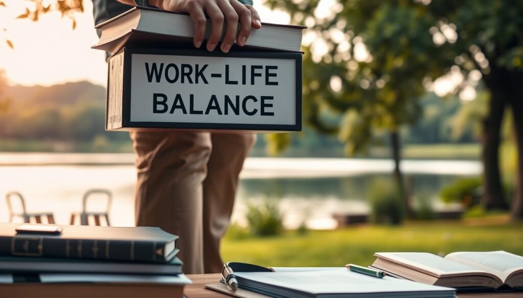 Detailed scene of a person balancing a heavy book labeled "Work-Life Balance" on their head, with other books and office supplies in the foreground. The background depicts a peaceful natural setting with lush greenery, a tranquil lake, and a warm, golden-hour lighting that creates a serene and contemplative atmosphere. The composition conveys a sense of harmony and mindfulness, encouraging the viewer to reflect on the importance of maintaining equilibrium between professional and personal responsibilities.
