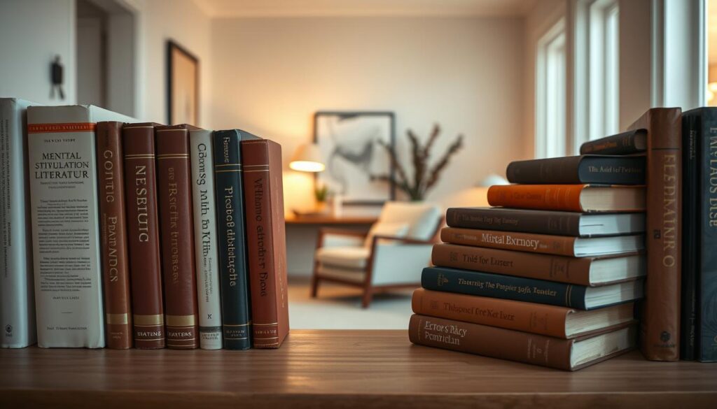 Elegant book covers showcasing a collection of the most insightful and thought-provoking mental stimulation literature. A softly lit bookshelf in the foreground, with a central focus on several hardback volumes in warm, earthy tones. The middle ground features a cozy study nook, with a comfortable chair and a desk lamp casting a gentle glow. The background depicts a serene, minimalist interior, with clean lines and natural elements that create a calming, introspective atmosphere. The lighting is soft and diffused, accentuating the tactile qualities of the books and the tranquil ambiance of the scene.