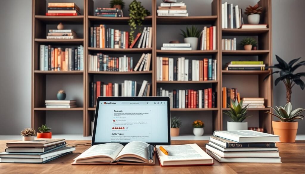 Elegant bookshelf against a soft gray wall, showcasing a collection of language learning books and study materials. In the foreground, a laptop open to online student reviews, surrounded by a cozy stack of notebooks and pens. Scattered throughout, modern home decor elements like potted plants and warm lighting create an inviting, studious atmosphere. The overall composition conveys a sense of personal growth, knowledge, and the positive experiences of online language learners.