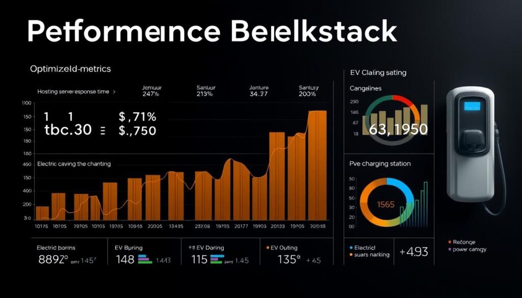 High-contrast performance benchmark chart displaying optimized hosting metrics and electric vehicle charging statistics, rendered in a clean, minimalist style with a focus on data visualization. Detailed graphs and diagrams showcasing hosting server response times, uptime percentages, and EV charging station power output and efficiency. Sleek, modern design with muted color palette and subtle metallic accents to reflect the technical nature of the subject matter. Dramatic lighting from multiple angles to accentuate the precision and depth of the analytical visualizations. Crisp, high-resolution rendering with a sharp, professional aesthetic suitable for an authoritative industry report.