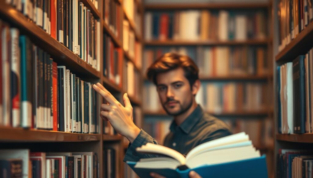 Highly detailed, realistic image of a person carefully selecting a book from a well-stocked bookshelf. The bookshelf takes up the majority of the frame, with warm, soft lighting illuminating the books and the person's face. The person is shown in the middle ground, reaching out to pick up a book with a thoughtful expression. The background is slightly blurred, emphasizing the focus on the book selection process. The overall scene conveys a sense of purposeful, focused decision-making, reflecting the theme of choosing the right goal-setting book.