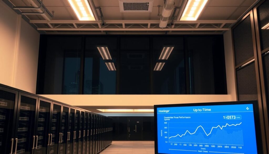 Hostinger performance uptime: A serene, well-lit server room with rows of shiny black racks, softly humming. The room has a sleek, modern design with clean lines and a soothing color palette. Overhead, industrial-style lighting casts a warm glow, illuminating the pristine equipment. In the foreground, a large monitor displays an uptime graph, showcasing Hostinger's reliable and consistent server performance. The background features a cityscape through floor-to-ceiling windows, underscoring Hostinger's global reach and infrastructure. The overall atmosphere conveys a sense of stability, efficiency, and unwavering commitment to delivering excellent web hosting services.