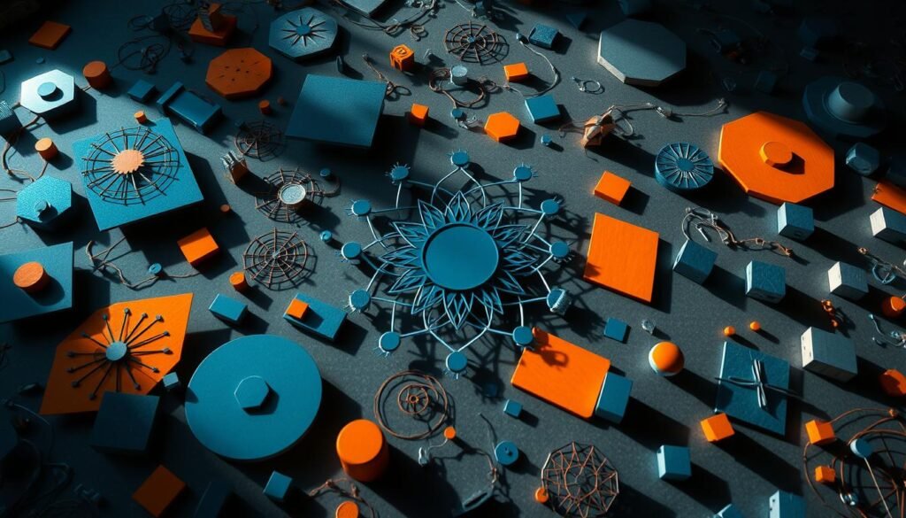 Intricate geometric shapes and patterns representing the most common logical fallacies, arranged in a visually striking composition. A central hub of interconnected forms in shades of blue, orange, and gray, surrounded by a field of complementary abstract elements. Casting dramatic shadows and highlights, creating a sense of depth and dimension. The overall mood is one of intellectual contemplation, urging the viewer to delve deeper into the nuances of critical thinking. Captured through a wide-angle lens with a shallow depth of field, emphasizing the complexity and nuance of the subject matter.