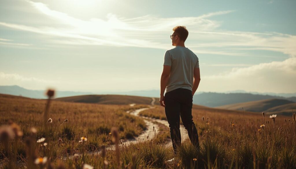 Overcoming self-doubt: A determined figure stands in a sunlit meadow, shoulders back and chin lifted, gaze fixed on the distant horizon. Soft, warm light filters through wispy clouds, casting a gentle glow on the scene. In the foreground, wildflowers sway in a light breeze, symbolizing the fragile yet resilient nature of self-belief. The middle ground features a winding path, inviting the viewer to embark on a journey of personal growth and self-discovery. The background showcases rolling hills and a vast, open sky, representing the boundless possibilities that await once self-doubt is conquered.