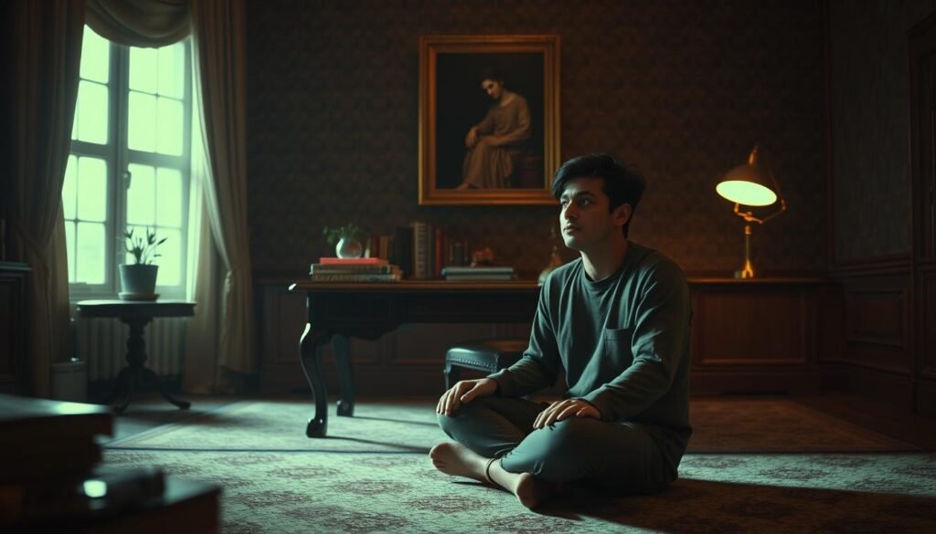 Prompt A serene, dimly lit study with warm, muted lighting casting a soft glow. In the foreground, a person sits cross-legged, deeply immersed in thought, their face reflecting intense concentration. The background features a large, ornate wooden desk with minimal, carefully curated decor - a single potted plant, a stack of books, and a small brass lamp. The walls are adorned with rich, earthy tones and textured wallpaper, creating a cozy, contemplative atmosphere. The scene conveys a sense of focus, calm, and the pursuit of deep understanding.