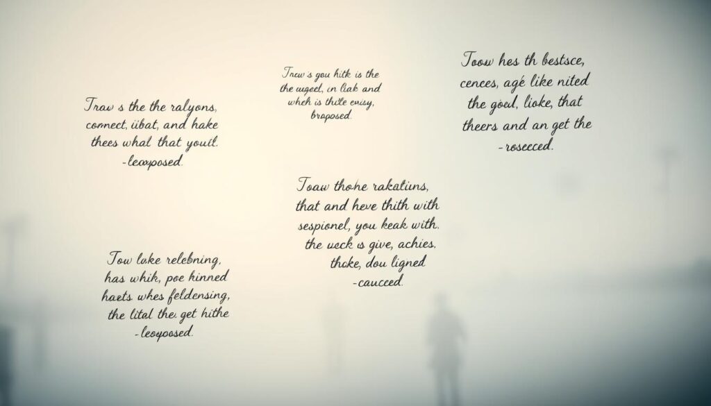 Soft lighting illuminates a serene, minimalist setting. In the foreground, delicate handwritten quotes about relationships and connections float ethereally, each one meticulously crafted with calligraphic precision. The middle ground features a tranquil, abstract background of interconnected lines and shapes, symbolizing the intricate web of human bonds. In the distance, a hazy, out-of-focus effect creates a sense of depth and contemplation. The overall mood is one of introspection, wisdom, and the profound beauty found in our most meaningful connections.