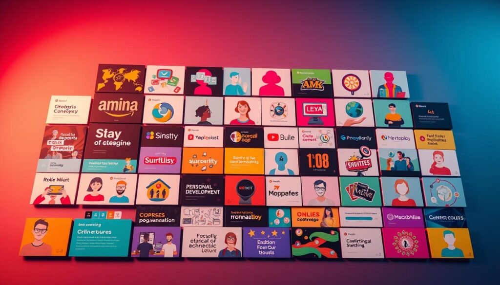 Vibrant and engaging online course categories displayed in a visually compelling layout. A stylized grid of thumbnails showcasing a diverse range of popular and in-demand topics such as business, technology, design, personal development, and more. The thumbnails feature eye-catching graphics, bold colors, and clean typography. The composition has a dynamic, modern feel with a sense of depth and dimensionality, drawing the viewer's attention to the breadth of educational opportunities available. Warm, soft lighting casts a welcoming glow, inviting the viewer to explore the captivating world of online learning. Vibrant and engaging online course categories displayed in a visually compelling layout. A stylized grid of thumbnails showcasing a diverse range of popular and in-demand topics such as business, technology, design, personal development, and more. The thumbnails feature eye-catching graphics, bold colors, and clean typography. The composition has a dynamic, modern feel with a sense of depth and dimensionality, drawing the viewer's attention to the breadth of educational opportunities available. Warm, soft lighting casts a welcoming glow, inviting the viewer to explore the captivating world of online learning.