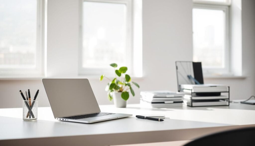 Workspace organization: a meticulously curated desk, clean lines, and a minimalist aesthetic. In the foreground, a sleek laptop, a pen holder, and a stack of neatly arranged papers. In the middle ground, a plant softens the scene, casting gentle shadows. The background is a serene white wall, illuminated by natural light filtering through large windows. The overall atmosphere exudes a sense of focus, productivity, and calm - a workspace designed to eliminate distractions and foster concentration.