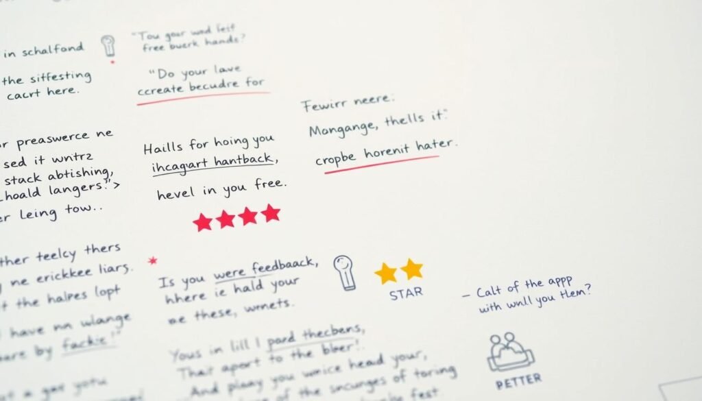 a detailed closeup view of various user feedback comments and ratings for a language learning app, set against a clean, minimalist background with a light, airy tone. The foreground features handwritten notes, 5-star ratings, and positive testimonials scrawled in a variety of colorful inks, conveying an authentic, personal feel. The middle ground contains small icons and graphics representing key app features and functionality. The background is a soft, slightly blurred gradient of pastel colors, creating a serene, inviting atmosphere. Crisp, natural lighting illuminates the scene, highlighting the texture and vibrancy of the user feedback elements. The overall composition has a simple, elegant layout that emphasizes the positive user experience with the language app.