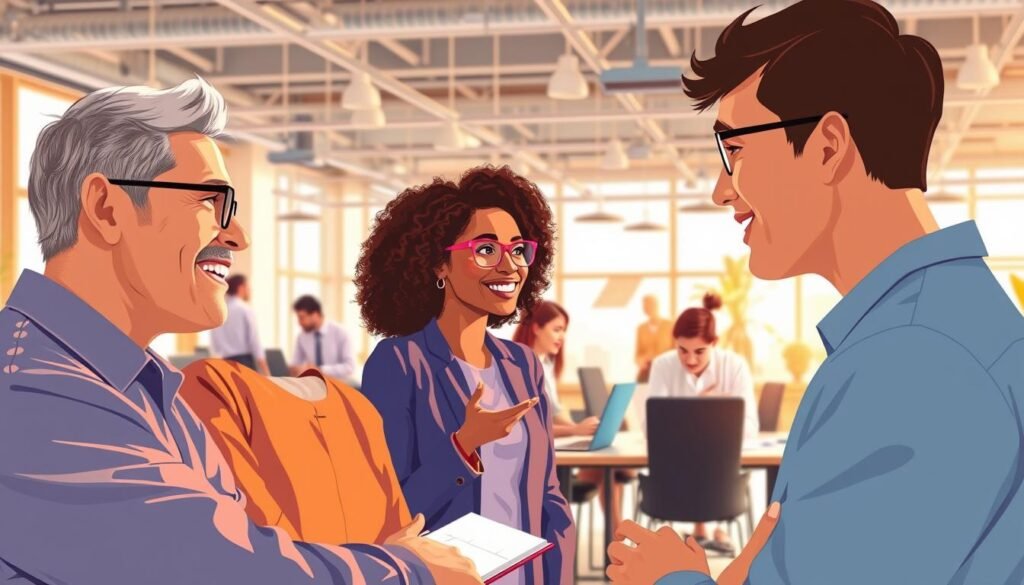 a digital illustration of modern communication skills, featuring a group of diverse individuals engaged in various forms of dialogue. the foreground depicts a close-up of two people in animated conversation, their facial expressions and body language conveying thoughtful exchange. in the middle ground, a trio collaborates around a table, laptop screens and notepads visible, representing the collaborative nature of effective communication. the background showcases a bustling open-concept office space, with people gesturing animatedly, networked devices, and a sense of dynamic productivity. the overall scene is bathed in warm, natural lighting, conveying a mood of productivity, connection, and growth. the image should feel contemporary, vibrant, and inspirational, capturing the essence of "enhancing communication skills" for the self-development article.