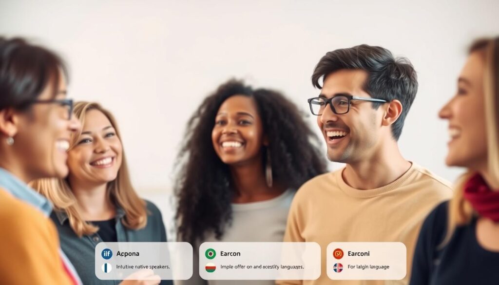 a digital language learning platform with vibrant native speakers of various languages, conveyed through a warm, inviting scene. In the foreground, a group of people engage in lively conversation, their faces animated and expressive. The middle ground showcases the platform's intuitive user interface, with clean lines and a modern aesthetic. In the background, a softly blurred world map hints at the global reach and diversity of the language learning community. Soft, natural lighting bathes the scene, creating a sense of authenticity and approachability. The overall mood is one of connection, learning, and cultural exchange.