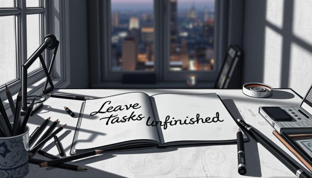 a half-finished sketch of a desk, pencils and paints strewn about, with an open notebook displaying the words "Leave Tasks Unfinished" written in a flowing cursive script. The desk is dimly lit, casting shadows across the surface, creating a pensive, thoughtful atmosphere. In the background, a window frames a dreamy, out-of-focus cityscape, hinting at the larger world beyond the confines of the workspace. The overall scene evokes a sense of creative potential, of embracing the unfinished and allowing room for innovation.
