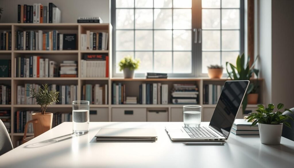a serene workspace with a clean minimalist desk, a laptop, a glass of water, and a potted plant, bathed in soft natural lighting through a large window, evoking a sense of calm focus and mindfulness; in the background, a bookshelf displays titles related to cognitive science, psychology, and personal development, hinting at the intellectual pursuits that inform the "mental habits" being depicted; the overall composition radiates an atmosphere of intentional, productive daily routines that cultivate a healthy, productive mindset