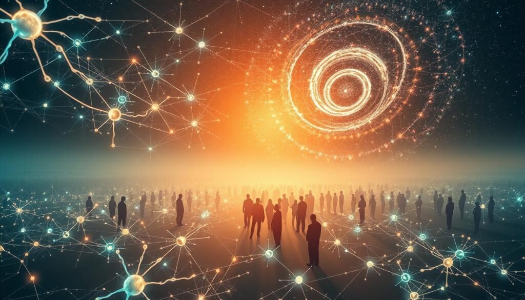 a surreal, ethereal landscape depicting the concept of collective consciousness. in the foreground, a vast, glowing network of interconnected neurons and synapses, pulsing with a mesmerizing rhythm. in the middle ground, a multitude of human silhouettes merge and blend, their individual identities dissolving into a unified, transcendent state. in the distant background, a swirling galaxy of stars and cosmic energy, symbolizing the infinite, universal scale of the collective mind. the scene is bathed in a soft, warm light, creating an atmosphere of unity, introspection, and the profound interconnectedness of all things. the overall composition evokes a sense of wonder, enlightenment, and the boundless potential of the collective human experience.