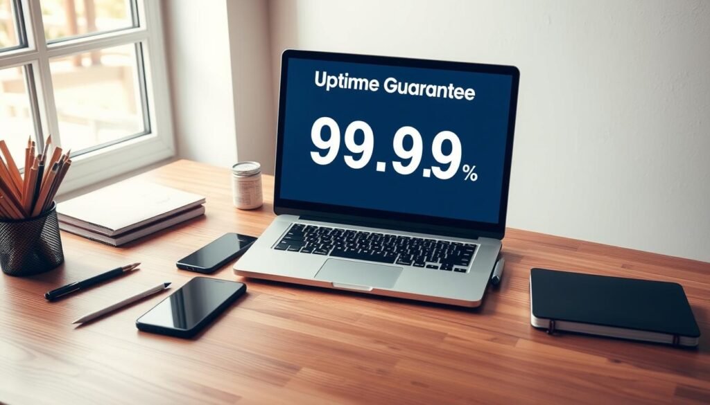 a wide, wooden desktop with a laptop computer, smartphone, and office supplies arranged neatly. The laptop screen displays an uptime guarantee percentage of 99.9% in bold text, indicating reliable web hosting services. Soft, natural lighting filters in through a nearby window, creating a warm, professional atmosphere. The setup conveys a sense of productivity, organization, and confidence in the web hosting provider's commitment to uptime and reliability.