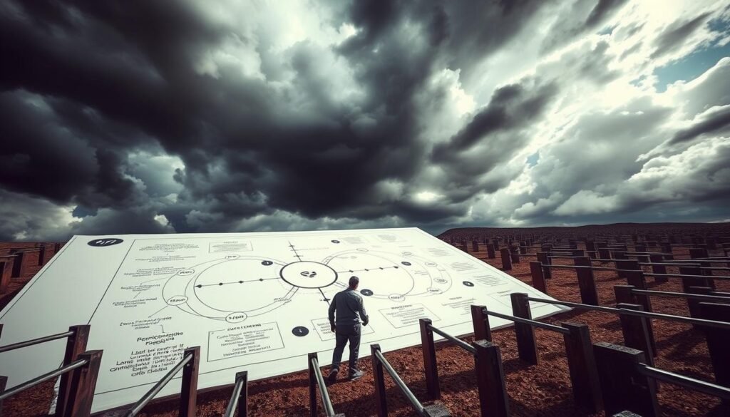 plan for unexpected challenges, dramatic lighting, wide-angle view. In the foreground, a person navigating a maze of obstacles, carefully planning their next move. In the middle ground, a complex diagram with multiple paths and contingencies. In the background, a stormy sky with ominous clouds, suggesting the unpredictable nature of the challenges ahead. The scene conveys a sense of determination, adaptability, and strategic foresight, highlighting the importance of being prepared for the unexpected on the road to success.