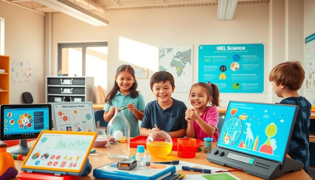 A bright, airy classroom setting with colorful learning tracks for children to explore MEL Science's educational experiments. In the foreground, various interactive modules and hands-on kits are arranged invitingly, showcasing the diverse range of science topics covered. The middle ground features cheerful students collaborating and engaging with the captivating experiments, their faces lit with curiosity and wonder. The background depicts vibrant, eye-catching visuals and infographics that highlight the key features and benefits of the MEL Science learning experience. The lighting is warm and natural, creating a welcoming and stimulating atmosphere for young learners to discover the wonders of science.