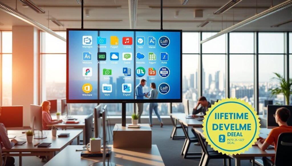 A bright, modern office interior with desks, computers, and employees working. In the foreground, a large monitor displays a selection of software icons and lifetime deal badges. The middle ground features a team collaborating on a project, while the background showcases a city skyline visible through large windows. Soft, directional lighting creates a professional, productive atmosphere. The overall scene conveys the value of lifetime software deals for businesses, enabling them to invest in essential tools at a fixed, cost-effective price. A bright, modern office interior with desks, computers, and employees working. In the foreground, a large monitor displays a selection of software icons and lifetime deal badges. The middle ground features a team collaborating on a project, while the background showcases a city skyline visible through large windows. Soft, directional lighting creates a professional, productive atmosphere. The overall scene conveys the value of lifetime software deals for businesses, enabling them to invest in essential tools at a fixed, cost-effective price.