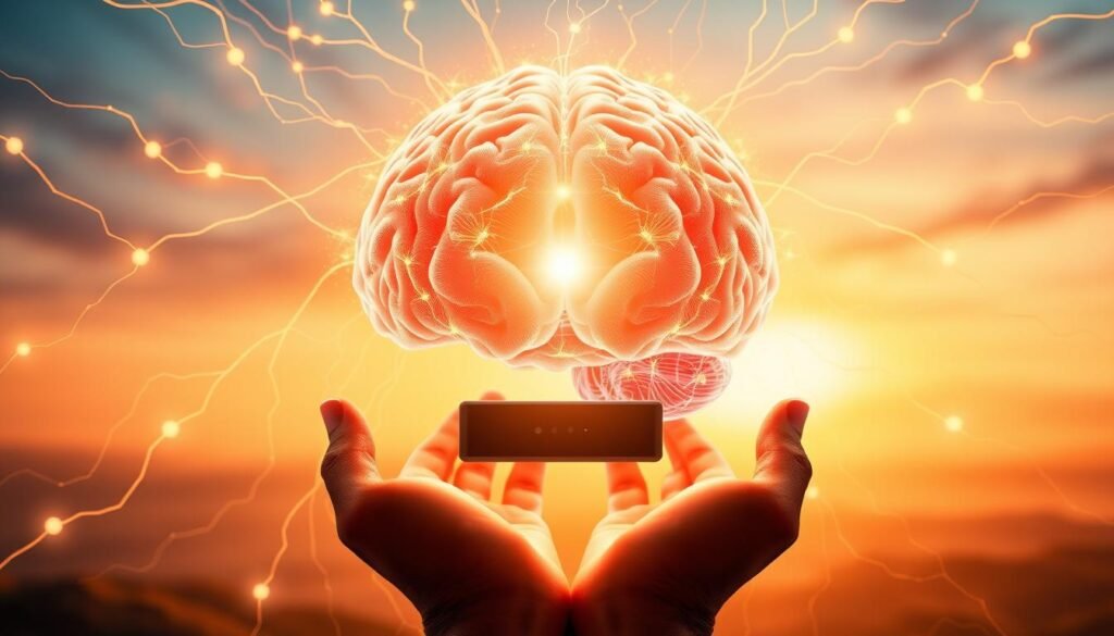 A bright, radiant brain surrounded by neural pathways and synaptic connections, bathed in a warm, golden light that emanates an aura of enhanced cognitive performance. In the foreground, a person's hands gently cradle the brain, signifying the ability to harness and amplify its potential. The middle ground features a sleek, minimalist device, suggesting the integration of cutting-edge neurotechnology. The background is a serene, abstract landscape, conveying a sense of mental clarity and focus. The overall composition evokes a harmonious balance between the organic and the technological, showcasing the transformative power of NeuroVizr's solutions. A bright, radiant brain surrounded by neural pathways and synaptic connections, bathed in a warm, golden light that emanates an aura of enhanced cognitive performance. In the foreground, a person's hands gently cradle the brain, signifying the ability to harness and amplify its potential. The middle ground features a sleek, minimalist device, suggesting the integration of cutting-edge neurotechnology. The background is a serene, abstract landscape, conveying a sense of mental clarity and focus. The overall composition evokes a harmonious balance between the organic and the technological, showcasing the transformative power of NeuroVizr's solutions.
