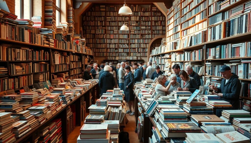 A bustling book marketplace filled with diverse vendors and eager bibliophiles, captured in a wide-angle view with warm, natural lighting. In the foreground, a variety of used, rare, and out-of-print books are displayed on wooden stalls, each vendor's selection reflecting their unique expertise. The middle ground features a crowd of book lovers browsing the stalls, their faces alight with the thrill of discovery. In the background, towering bookshelves line the walls, creating a cozy, labyrinthine atmosphere that invites deeper exploration. The overall scene conveys a sense of community, passion, and the timeless allure of the printed word. A bustling book marketplace filled with diverse vendors and eager bibliophiles, captured in a wide-angle view with warm, natural lighting. In the foreground, a variety of used, rare, and out-of-print books are displayed on wooden stalls, each vendor's selection reflecting their unique expertise. The middle ground features a crowd of book lovers browsing the stalls, their faces alight with the thrill of discovery. In the background, towering bookshelves line the walls, creating a cozy, labyrinthine atmosphere that invites deeper exploration. The overall scene conveys a sense of community, passion, and the timeless allure of the printed word.