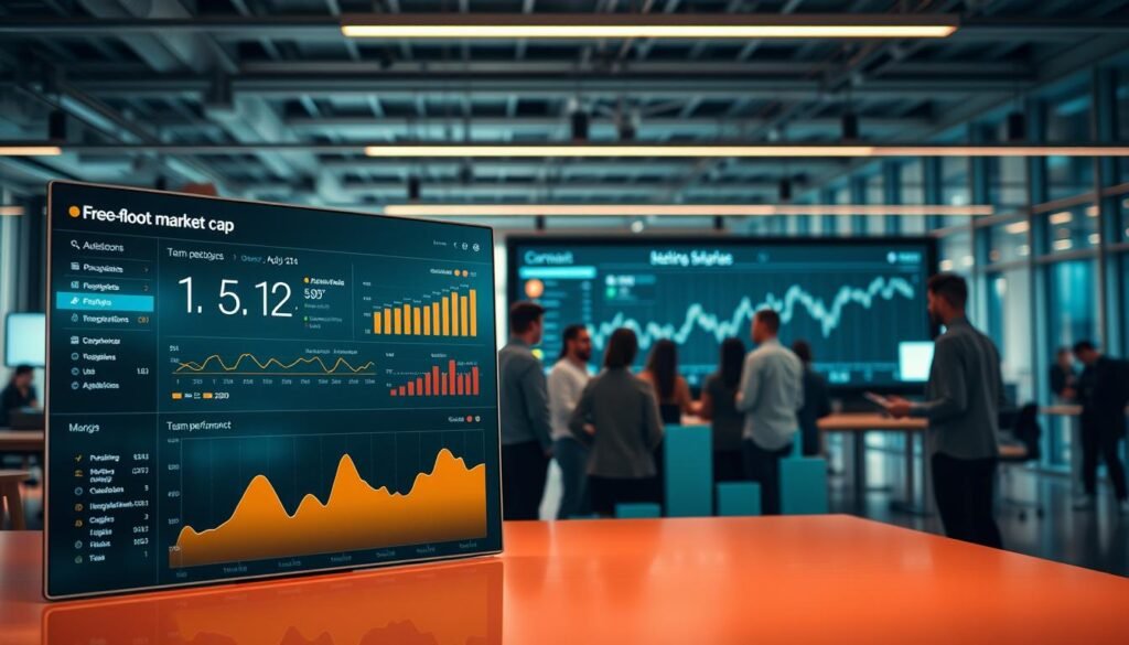 A bustling, data-driven scene showcasing the free-float market cap and team performance. In the foreground, a sleek, minimalist dashboard displays key metrics and analytics, illuminated by warm, focused lighting. The middle ground features a collaborative team huddle, their faces animated with focused discussion, as they analyze the data projected on a large, high-resolution screen. In the background, a panoramic view of a dynamic, tech-forward office space, with floor-to-ceiling windows and a modern, open-concept design. The overall atmosphere conveys a sense of efficiency, innovation, and seamless teamwork. A bustling, data-driven scene showcasing the free-float market cap and team performance. In the foreground, a sleek, minimalist dashboard displays key metrics and analytics, illuminated by warm, focused lighting. The middle ground features a collaborative team huddle, their faces animated with focused discussion, as they analyze the data projected on a large, high-resolution screen. In the background, a panoramic view of a dynamic, tech-forward office space, with floor-to-ceiling windows and a modern, open-concept design. The overall atmosphere conveys a sense of efficiency, innovation, and seamless teamwork.