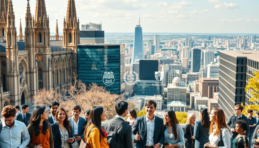 A bustling university campus, where towering neo-gothic spires and modern glass-and-steel buildings stand in harmonious contrast. In the foreground, a group of diverse students, dressed in professional attire, converse animatedly, their expressions radiating confidence and anticipation. The middle ground showcases various logos and crests, representing the prestigious global institutions that have partnered to offer world-class online courses. In the background, a panoramic vista of a vibrant city skyline, hinting at the real-world, career-oriented outcomes that these programs aim to deliver. Warm, directional lighting illuminates the scene, creating a sense of opportunity and success. The overall atmosphere conveys a synergy of academic excellence and practical, career-transforming knowledge. A bustling university campus, where towering neo-gothic spires and modern glass-and-steel buildings stand in harmonious contrast. In the foreground, a group of diverse students, dressed in professional attire, converse animatedly, their expressions radiating confidence and anticipation. The middle ground showcases various logos and crests, representing the prestigious global institutions that have partnered to offer world-class online courses. In the background, a panoramic vista of a vibrant city skyline, hinting at the real-world, career-oriented outcomes that these programs aim to deliver. Warm, directional lighting illuminates the scene, creating a sense of opportunity and success. The overall atmosphere conveys a synergy of academic excellence and practical, career-transforming knowledge.