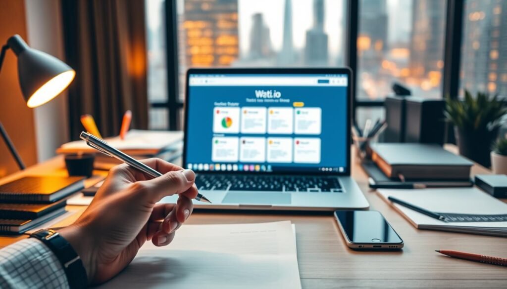 A busy office desk with a laptop, smartphone, and various office supplies, illuminated by warm, diffused lighting. In the foreground, a hand holds a pen, ready to jot down notes. In the middle ground, the laptop screen displays the Wati.io platform, showcasing its clean and intuitive interface. The background features a blurred cityscape through a window, conveying a sense of professionalism and productivity. The overall mood is one of thoughtful engagement and a desire to explore the potential of the Wati.io platform for business communication. A busy office desk with a laptop, smartphone, and various office supplies, illuminated by warm, diffused lighting. In the foreground, a hand holds a pen, ready to jot down notes. In the middle ground, the laptop screen displays the Wati.io platform, showcasing its clean and intuitive interface. The background features a blurred cityscape through a window, conveying a sense of professionalism and productivity. The overall mood is one of thoughtful engagement and a desire to explore the potential of the Wati.io platform for business communication.
