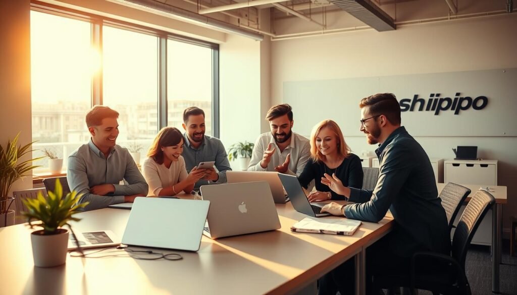 A busy office scene with a team of small business owners gathered around a table, discussing shipping solutions on their laptops and tablets. Warm, natural lighting from large windows illuminates the modern, minimalist workspace. The foreground features a well-organized desk with a Shippo logo prominently displayed. In the middle ground, the employees are animated, gesturing as they collaborate. The background showcases the company's branding, with clean lines and muted tones creating a professional, yet approachable atmosphere. The overall mood conveys efficiency, technology, and a sense of problem-solving for the small business' shipping needs. A busy office scene with a team of small business owners gathered around a table, discussing shipping solutions on their laptops and tablets. Warm, natural lighting from large windows illuminates the modern, minimalist workspace. The foreground features a well-organized desk with a Shippo logo prominently displayed. In the middle ground, the employees are animated, gesturing as they collaborate. The background showcases the company's branding, with clean lines and muted tones creating a professional, yet approachable atmosphere. The overall mood conveys efficiency, technology, and a sense of problem-solving for the small business' shipping needs.