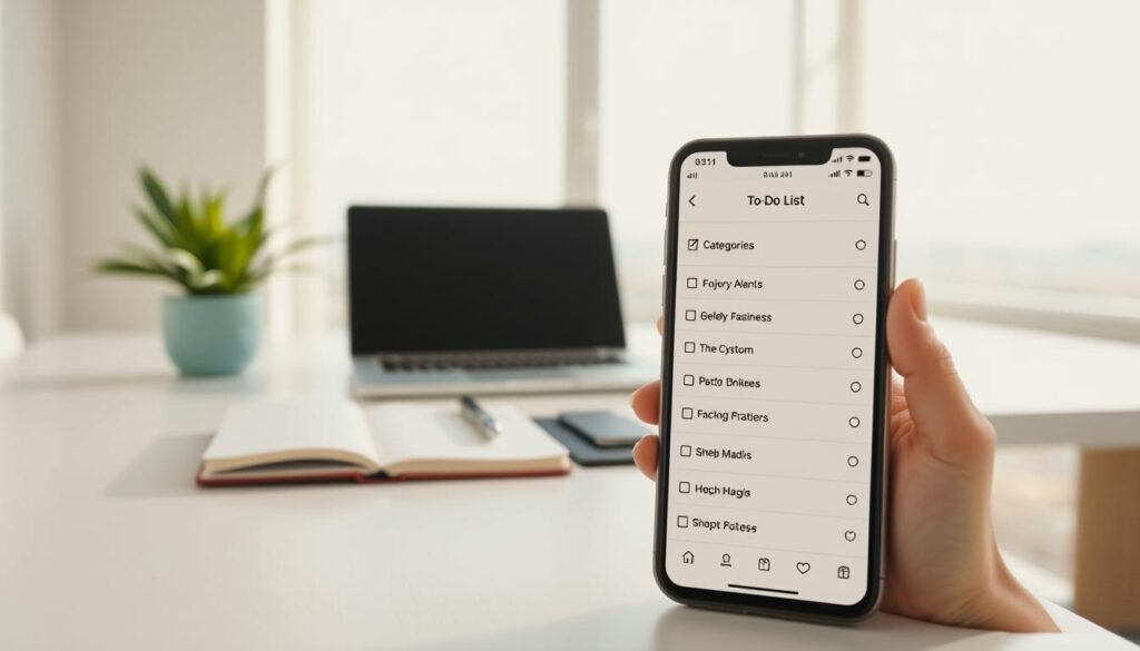 A clean, minimalist workspace with a wide desktop and ergonomic setup. In the foreground, a smartphone displays a meticulously organized to-do list app interface, with categories, due dates, and checkboxes. The middle ground features a laptop, notebook, and pen, symbolizing productivity and task management. The background has a serene, out-of-focus window view, creating a calm, focused atmosphere. The lighting is soft and natural, casting a warm glow across the scene. The overall composition conveys efficiency, organization, and a sense of accomplishment in task completion.