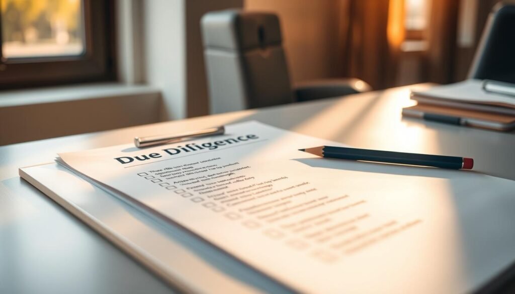 A clean, professional-looking desk with a meticulously organized "Due Diligence Checklist" lying atop it. The checklist is formatted with clear section headings and neatly arranged bullet points. A well-sharpened pencil rests next to the checklist, suggesting a sense of active engagement and thoughtful review. The desk is illuminated by warm, natural lighting filtering through a nearby window, creating a productive and focused atmosphere. The background is slightly blurred, keeping the attention firmly on the checklist as the central focus of the image. A clean, professional-looking desk with a meticulously organized "Due Diligence Checklist" lying atop it. The checklist is formatted with clear section headings and neatly arranged bullet points. A well-sharpened pencil rests next to the checklist, suggesting a sense of active engagement and thoughtful review. The desk is illuminated by warm, natural lighting filtering through a nearby window, creating a productive and focused atmosphere. The background is slightly blurred, keeping the attention firmly on the checklist as the central focus of the image.