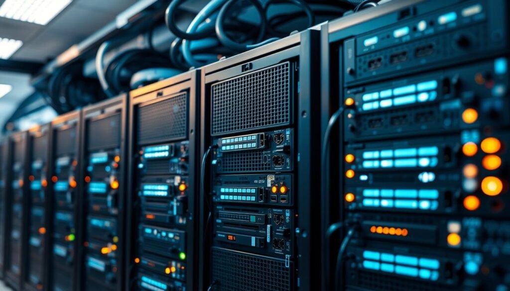 A close-up view of a group of specialized VPN servers, showcasing their intricate hardware design and state-of-the-art networking components. The servers are housed in a sleek, minimalist data center environment, bathed in a soft, warm lighting that highlights their precision engineering. The servers appear to be networked together, with cable connections and blinking indicator lights, conveying a sense of reliable, high-performance connectivity. The overall atmosphere is one of advanced technology, efficiency, and a commitment to secure, private internet access.
