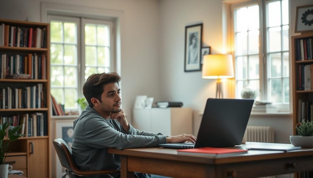 A cozy home office filled with natural light, a person sitting at a wooden desk intently focused on a laptop screen, bookshelves lining the walls, a warm lamp casting a soft glow. In the foreground, a thoughtful expression on the person's face, suggesting they are carefully considering their options for the right online tutor. The atmosphere is one of quiet contemplation, with a sense of discovery and potential for learning. A cozy home office filled with natural light, a person sitting at a wooden desk intently focused on a laptop screen, bookshelves lining the walls, a warm lamp casting a soft glow. In the foreground, a thoughtful expression on the person's face, suggesting they are carefully considering their options for the right online tutor. The atmosphere is one of quiet contemplation, with a sense of discovery and potential for learning.