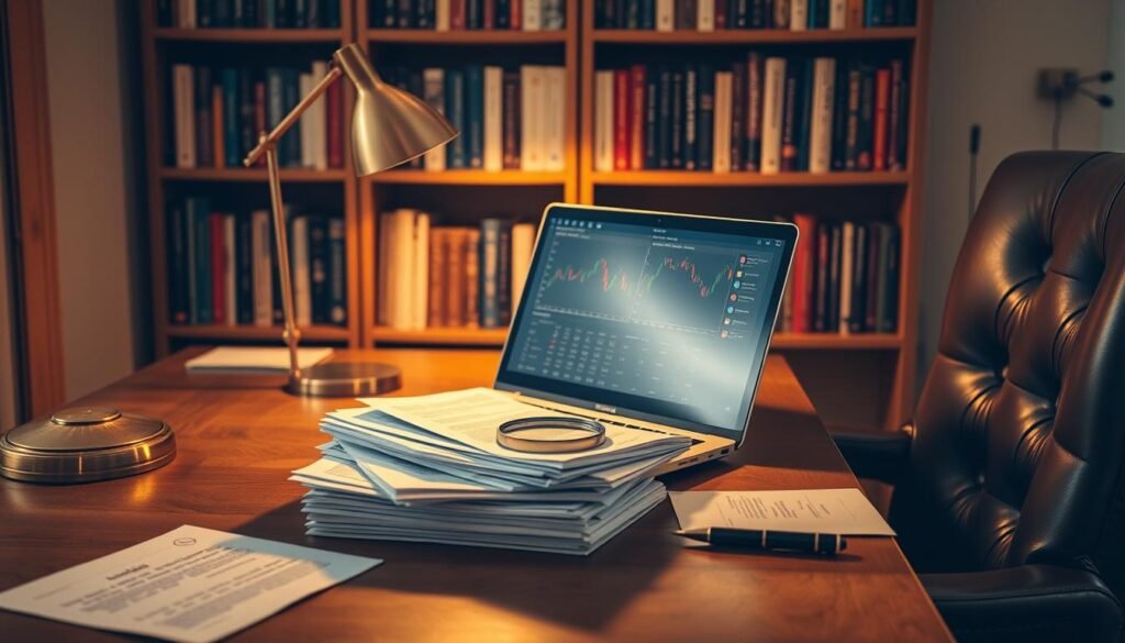 A cozy home office setting, with a wooden desk and leather chair. On the desk, a laptop displays a digital asset trading interface, surrounded by stacks of documents and a magnifying glass. Warm, directional lighting from a brass desk lamp casts a golden glow, creating a contemplative atmosphere. In the background, a bookshelf filled with finance and investment guides, subtly hinting at the subject matter. The overall composition conveys a sense of research, analysis, and informed decision-making around the purchase of digital assets. A cozy home office setting, with a wooden desk and leather chair. On the desk, a laptop displays a digital asset trading interface, surrounded by stacks of documents and a magnifying glass. Warm, directional lighting from a brass desk lamp casts a golden glow, creating a contemplative atmosphere. In the background, a bookshelf filled with finance and investment guides, subtly hinting at the subject matter. The overall composition conveys a sense of research, analysis, and informed decision-making around the purchase of digital assets.