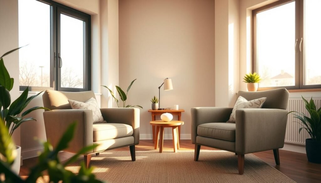 A cozy, modern therapy session room with warm, natural lighting filtering through large windows. In the foreground, two plush armchairs positioned thoughtfully, inviting a sense of intimacy and openness. Subtle plants and minimal, calming decor create a tranquil atmosphere. The middle ground features a wooden end table with a stylish lamp, subtly hinting at the interactive, personalized nature of the sessions. The background showcases neutral-toned walls, exuding a sense of safety and comfort. An overall aesthetic that conveys professionalism, care, and the facilitation of meaningful self-exploration. A cozy, modern therapy session room with warm, natural lighting filtering through large windows. In the foreground, two plush armchairs positioned thoughtfully, inviting a sense of intimacy and openness. Subtle plants and minimal, calming decor create a tranquil atmosphere. The middle ground features a wooden end table with a stylish lamp, subtly hinting at the interactive, personalized nature of the sessions. The background showcases neutral-toned walls, exuding a sense of safety and comfort. An overall aesthetic that conveys professionalism, care, and the facilitation of meaningful self-exploration.