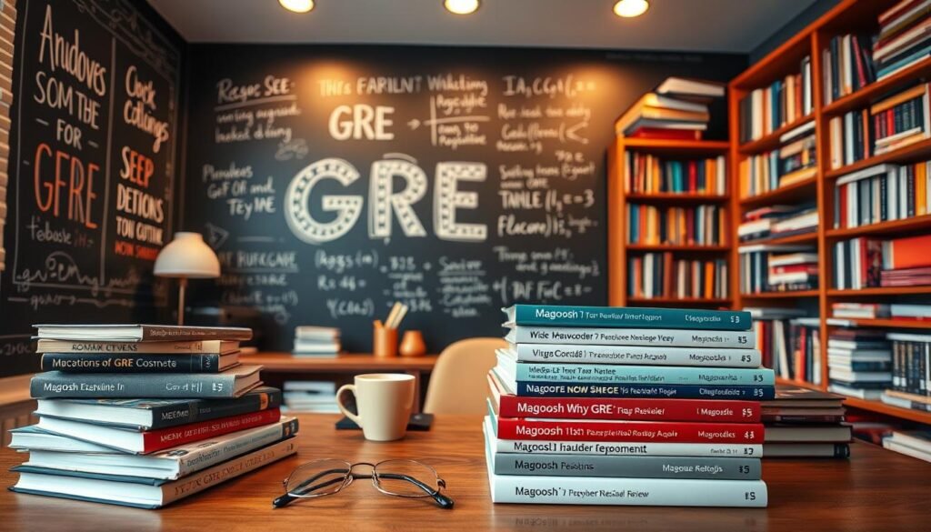 A cozy study nook filled with an array of GRE prep materials. In the foreground, a stack of textbooks and review guides, their spines showcasing the Magoosh brand. Placed strategically on a wooden desk, alongside a laptop, a cup of coffee, and a pair of glasses. The middle ground features a chalkboard-style wall adorned with motivational quotes and GRE-related formulas, creating an inspiring academic atmosphere. In the background, a bookshelf overflows with additional resources, casting a warm, focused glow from the recessed lighting above. The overall scene conveys a sense of dedication, productivity, and the comprehensive Magoosh approach to GRE preparation. A cozy study nook filled with an array of GRE prep materials. In the foreground, a stack of textbooks and review guides, their spines showcasing the Magoosh brand. Placed strategically on a wooden desk, alongside a laptop, a cup of coffee, and a pair of glasses. The middle ground features a chalkboard-style wall adorned with motivational quotes and GRE-related formulas, creating an inspiring academic atmosphere. In the background, a bookshelf overflows with additional resources, casting a warm, focused glow from the recessed lighting above. The overall scene conveys a sense of dedication, productivity, and the comprehensive Magoosh approach to GRE preparation.